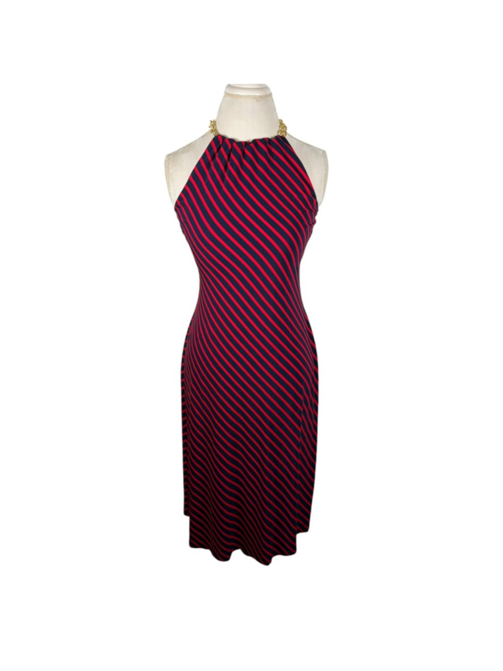 Ralph Lauren Stripe Halter Dress Navy Red Gold Chain Preppy Cocktail Maxi Size 6 - Picture 3 of 9